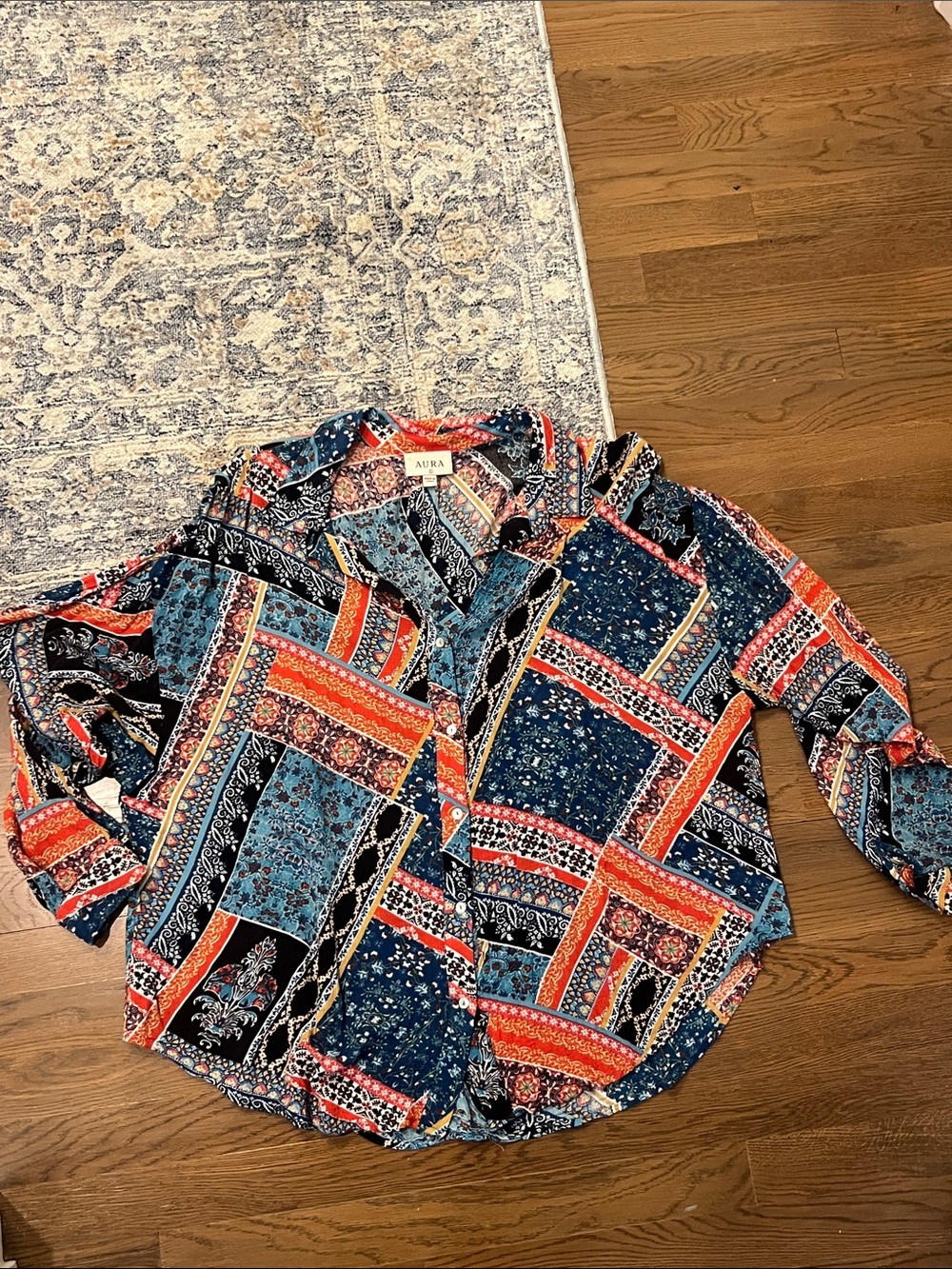 Aura Patchwork Button-Down Shirt in Navy, Red and Teal